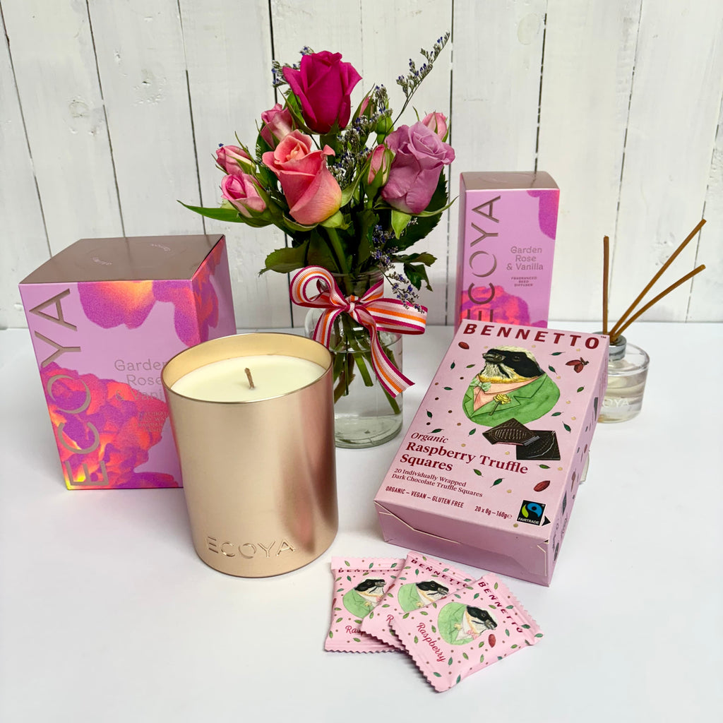perfect mothers day gift chocolates, candle and flowers . best present for mum