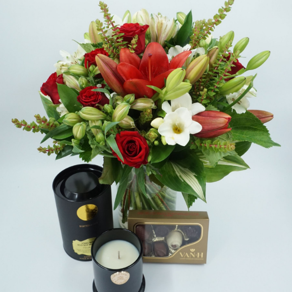 Mothers Day red lily and White Flower Bouquet with Candle and Chocolate
