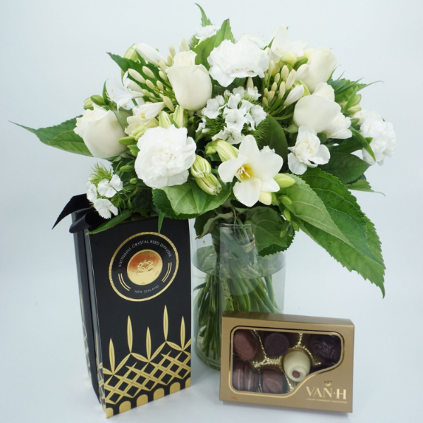 Stunning White Flower Bouquet with Van H Chocolates perfect Mothers Day gift